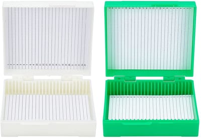 VT Goods - Microscoop-objectglaasjes - 2 stuks - Voordelige opbergdoos - Beige-lentegroen - Voor laboratorium - Geschikt voor knutselen - 25 plaatsen
