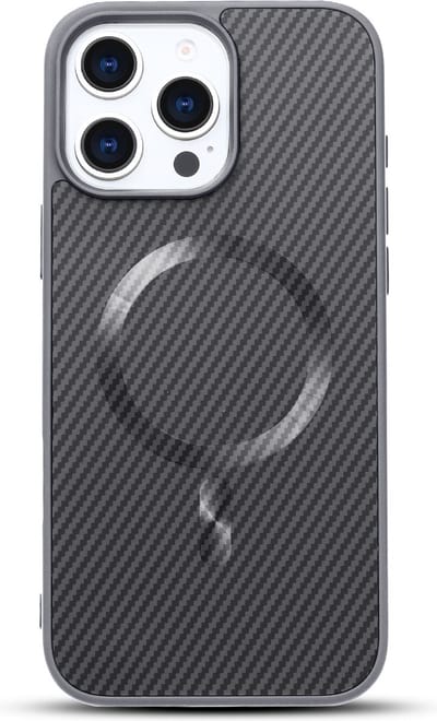 Casemania Hoesje Geschikt voor Apple iPhone 16 Pro - Grijs - Carbon Back Cover - Geschikt voor MagSafe