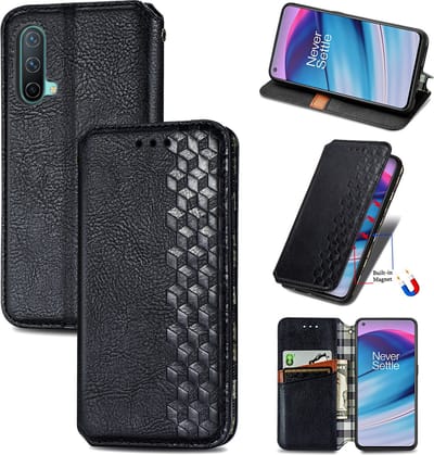 Luxe PU Lederen Ruitpatroon Wallet Case + PMMA Screenprotector voor OnePlus Nord CE 5G _ Zwart