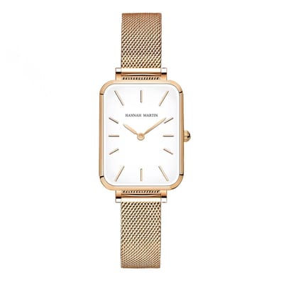 Hannah Martin Rechthoekig Horloge | Rose Goudkleurig | Witte Plaat | Dames Horloges |