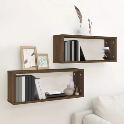 vidaXL - Wandschappen - kubus - 2 - st - 60x15x23 - cm - bewerkt - hout - bruin - eiken