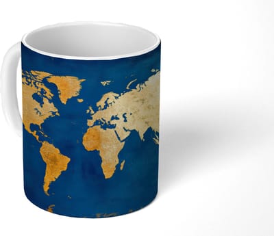 Mok - Koffiemok - Wereldkaart - Goud - Donkerblauw - Mokken - 350 ML - Beker - Koffiemokken - Theemok