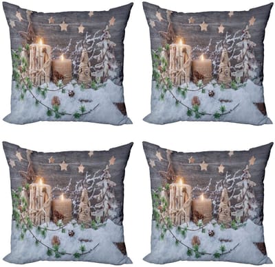 ABAKUHAUS – Kerst kussenhoezen-set – 4x45x45 cm – dubbelzijdige druk – bruin-wit