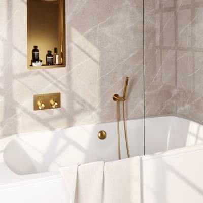 Brauer Gold Carving thermostatische inbouw badkraan met drukknoppen SET 03 met badvulcombinatie en staaf handdouche en doucheslang en wandaansluitbocht goud geborsteld PVD
