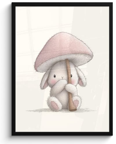 Poster in lijst - Fotolijst 60x80 cm - Posters - Paddenstoel - Konijn - Roze - Posterlijst zwart - Decoratie - Wanddecoratie woonkamer - Muurdecoratie slaapkamer