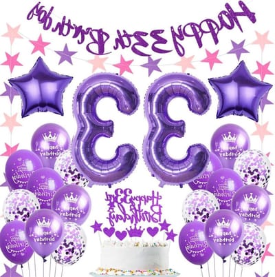 Paarse ballonnen voor 33e verjaardag van een vrouw - Feestdecoratie, verjaardagsversiering en cakeaccessoires