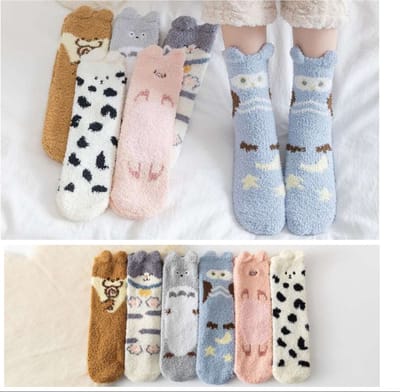 Fluffy Dames Sokken - 3 paar - giftbox - Huissokken - sleepsokken - grijs - groen - paars - leuke print uil - kat - beer - vos - random -36 - 40 - warm - cadeau voor haar - gift