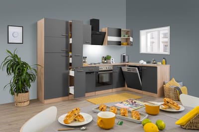 Hoekkeuken 310 cm - complete keuken met apparatuur Merle - Eiken/Grijs - soft close - elektrische kookplaat - vaatwasser - afzuigkap - oven - spoelbak