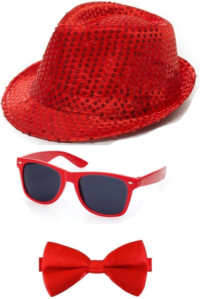 Folat Verkleedkleding set - rood - Glitter and glamour - hoedje - strikje - party bril - heren