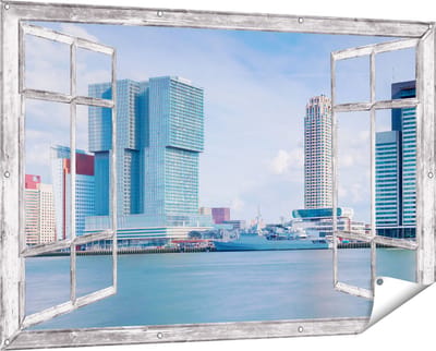 Gards Tuinposter Doorkijk Rotterdamse Skyline aan het Water - 150x100 cm - Tuindoek - Tuindecoratie - Wanddecoratie buiten - Tuinschilderij