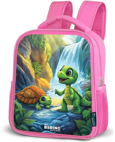 NoBoringSuitcases.com® - Rugzak roze - Schooltas meisjes - Schildpad en dino bij waterval in tropisch bos - Kinder rugtas meisje - Boekentas kind - Kinderrugzak voor school - Schoolrugzak