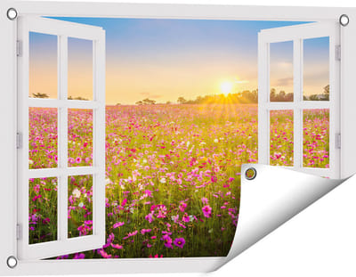 Gards Tuinposter Doorkijk Bloemenveld met Roze Kosmos - 60x40 cm - Tuindoek - Tuindecoratie - Wanddecoratie buiten - Tuinschilderij