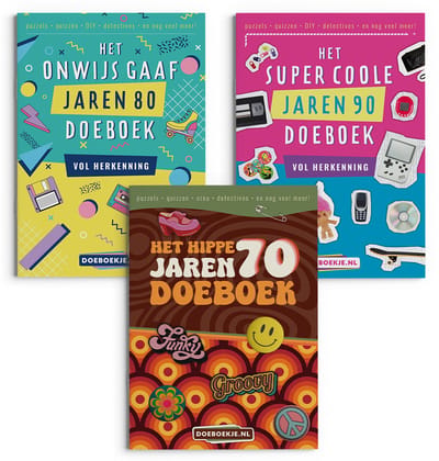 Hippe Jaren 70 + Onwijs Gaaf Jaren 80 + Super Coole Jaren 90 Doeboek - puzzelen, varia, quizzen, mysteries, spelletjes - nostalgie - voordeeltrio voor volwassenen