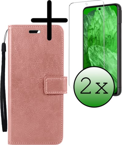 Hoesje Met 2x Screenprotector - Geschikt voor Google Pixel 8a - Luxe Pasjeshouder - Bookcase Portemonee - Flip Case - Kunstleer Book Case - Flipcase Hoes - Book Cover - Walletcase - Portemonneehoes - Rosé goud