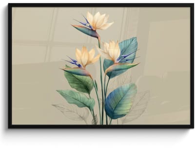Poster in lijst - Fotolijst 120x80 cm - Posters - Paradijsvogelbloemen - Blauwgroene bladeren - Beige - Posterlijst zwart - Decoratie - Wanddecoratie woonkamer - Muurdecoratie slaapkamer
