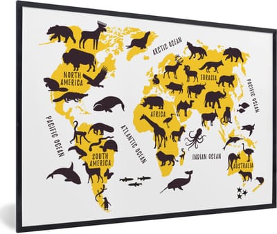 Poster in lijst - Fotolijst 90x60 cm - Posters - Wereldkaart - Geel - Dieren - Posterlijst zwart - Decoratie - Wanddecoratie woonkamer - Muurdecoratie slaapkamer