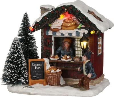 Luville Kerstdorp Miniatuur Kaneelbroodjeskraam - Kerstversiering voor Kerstdorp met Verlichting - Kerst Decoratie Binnen - Werkt op Batterijen - L12 x B8,5 x H10,5 cm - Meerkleurig