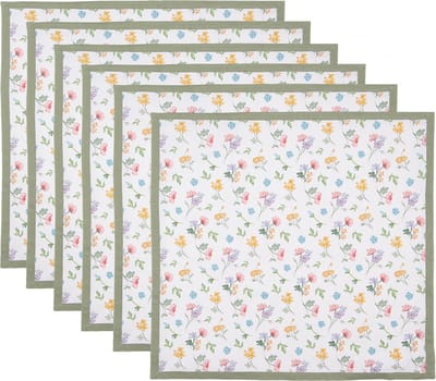 Clayre & Eef Servetten Katoen Set van 6 40x40 cm Wit Groen Vierkant Bloemen