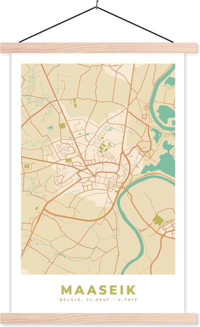 Posterhanger incl. Poster 40x60 cm - Schoolplaat - België - Stadskaart - Plattegrond - Maaseik - Kaart - Textielposter - Blanke latten - Stadskaart