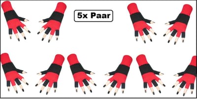5x Paar handschoenen vingerloos zwart/rood - Feest festival thema feest party optocht themafeest