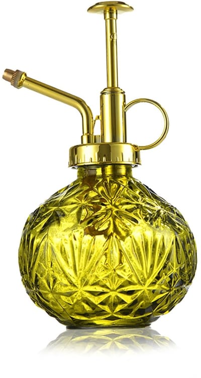 Dailygoods - Glazen plantenspuitfles, 240 ml, retro reliëf, plantenspuit met pomp, geavanceerde bloemenverstuiver, drukspuit voor balkon, kleine tuinplanten, binnen, huis of kantoor, geel/groen