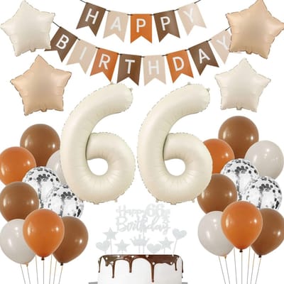 Dailygoods- Ballon Verjaardagsdecoratie 66 Jaar - 66 Ballon 81 cm - Sterballon 45 cm - Retro Ballonnen 30 cm - Confettiballonnen 30 cm - Taartdecoratie - Verjaardagsballonnen