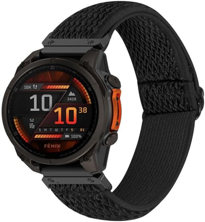 By Qubix - Geschikt voor Garmin bandje - 26mm Quickfit - Elastische Solo Loop nylon bandje - Zwart - Geschikt voor Garmin Quatix 8 - 51mm