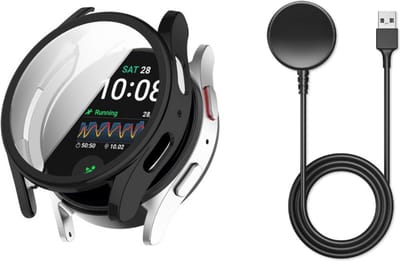 Strap-it Bundel TPU Case + Oplader - Geschikt voor Samsung Galaxy Watch 7 44mm - Zwart Beschermhoesje - USB Oplaadkabel - Schokbestendig - Beschermend - Smartwatch Accessoires - 2 in 1 Bundel