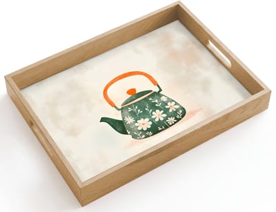 Dienblad hout 40x30 cm - Schootdienblad - Theepot - Groen - Bloemen - Oranje - Borrelplank rechthoek - Plateau dienbladen