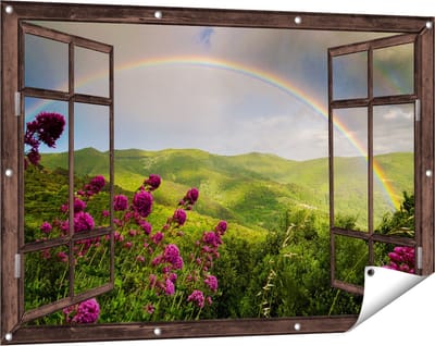 Gards Tuinposter Doorkijk Regenboog in de Heuvel Bossen - 120x80 cm - Tuindoek - Tuindecoratie - Wanddecoratie buiten - Tuinschilderij