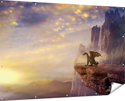 Gards Tuinposter Draak op een Rots bij Zonsondergang - 180x120 cm - Tuindoek - Tuindecoratie - Wanddecoratie buiten - Tuinschilderij