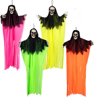 Boland spoken in neon kleuren - 4x stuks - L90 cm - skelet - halloween - uv blacklight - decoratie