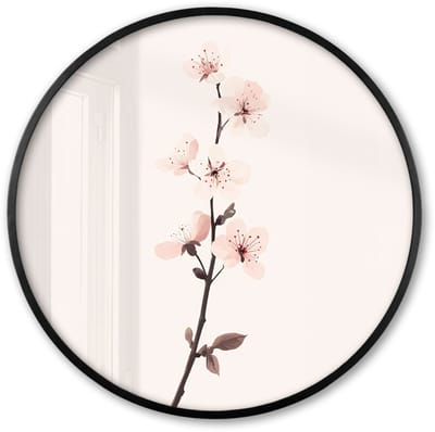 Poster in lijst Rond - Fotolijst 60x60 cm - Posters - Minimalistisch - Bloesem - Tak - Roze - Ronde posterlijst zwart - Decoratie - Wanddecoratie woonkamer - Muurdecoratie slaapkamer