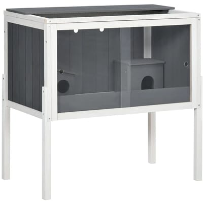 Hamsterkooi - Cavia kooi - Rattenkooi - Huisje - 2 Niveaus - Verwijderbare Lade - Met Voederstation - Zaag - Loopplank - Hutten - Hangbrug - Hout - 82L x 45B x 81H cm - Donkergrijs+Wit