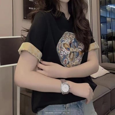 Nieuwe Chinese Stijl Chinese Stijl T-shirt Contrasterende Veelzijdige Top 5XL black