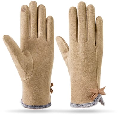 Handschoenen - Warme handschoenen voor dames - Winterhandschoenen - Fleece manchetten - Lichtgewicht fleece voering - Touchscreen compatibel - Winddicht - Geschikt als cadeau - Skiën - Fietsen - Bow Gloves - One Size - Khaki