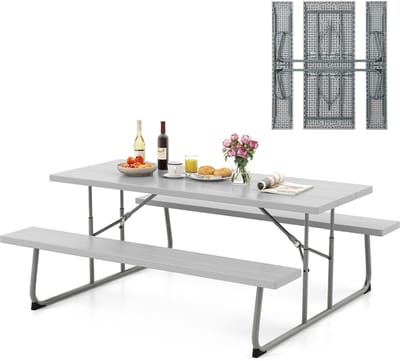 COSTWAY Biertentgarnituur, inklapbaar, 183 cm biertafelgarnituur in houtlook, biertafel met HDPE-tafelblad, parasolgat en metalen frame, feesttentgarnituur, zitgarnituur voor tuin, terras, erf