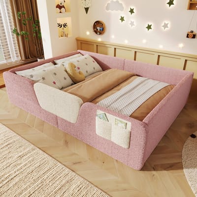 DESMIU Gestoffeerd Bed 140x190cm - Kinderbed Met Afneembare Veiligheidshekken - Opbergtasje Aan Het Bed - Voor Kinderslaapkamer - Zacht Velours - Roze - Zonder Matras