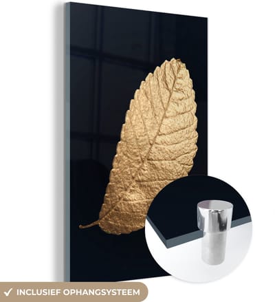 MuchoWow® Glasschilderij 120x180 cm - Schilderij acrylglas - Goud - Bladeren - Zwart - Planten - Luxe - Natuur - Foto op glas - Schilderijen