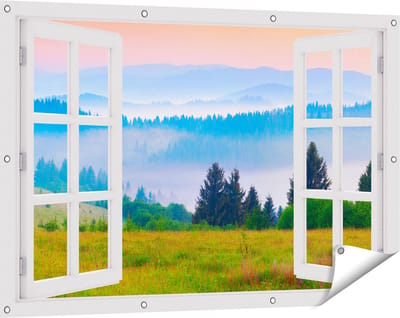 Gards Tuinposter Doorkijk Mistige Heuvel Landschap met Bossen - 120x80 cm - Tuindoek - Tuindecoratie - Wanddecoratie buiten - Tuinschilderij