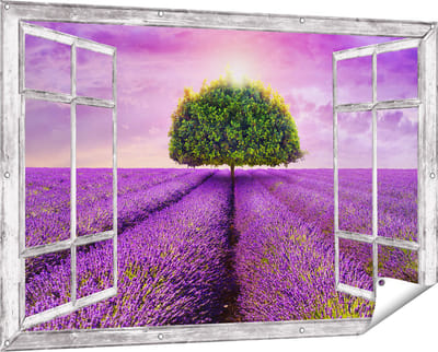 Gards Tuinposter Doorkijk Groene Boom in de Lavendel Bloemen - 150x100 cm - Tuindoek - Tuindecoratie - Wanddecoratie buiten - Tuinschilderij