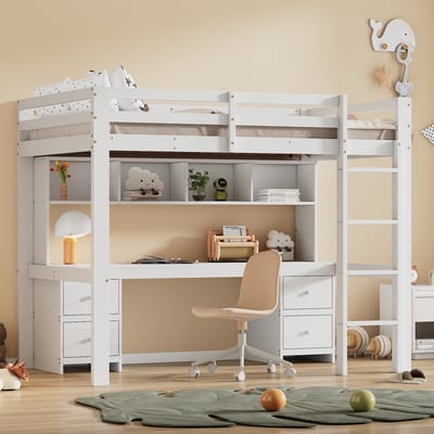 OKWISH Halfhoogslaper 90x200 cm - Met Bureau en Opbergruimte - 4 Laden & 4 Opbergvakken - Voor Kinderkamer - Hout Minimalistisch - Zonder matras - Wit
