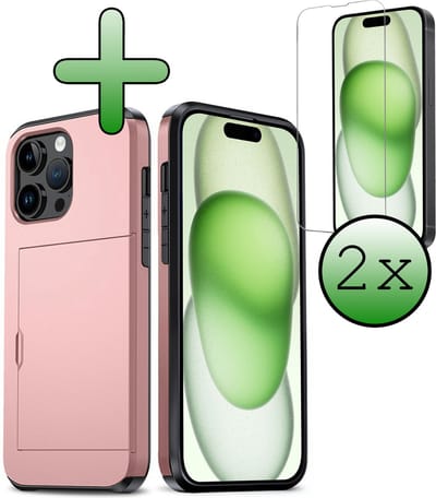 Hoes Geschikt voor iPhone 15 Pro Hoesje Hard Case Met Pas Houder Met 2x Screenprotector - Hoesje Geschikt voor iPhone 15 Pro Hoes Shockproof Hard Cover Met Kaarthouder - Rosé goud