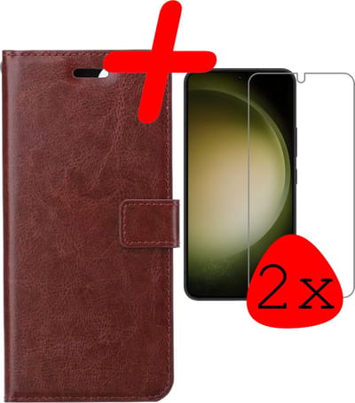 Hoesje Met 2x Screenprotector - Geschikt voor Samsung Galaxy S23 - Luxe Pasjeshouder - Bookcase Portemonee - Flip Case - Kunstleer Book Case - Flipcase Hoes - Book Cover - Walletcase - Portemonneehoes - Bruin