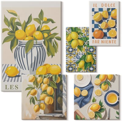 Wallfluent Set van canvas schilderijen - Citrusinspiraties in Provençaalse stijl wanddecoraties Canvas Schilderijen Set - Set van 5 Canvas Schilderijen - Geel Set van Canvas Prints - Voedsel Canvas Kunst Set - Boheemse Canvas Kunst Set