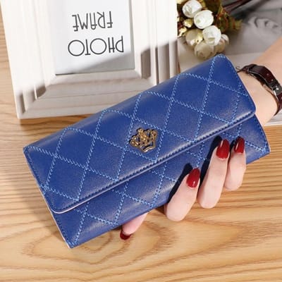 Dames Lady Clutch lederen geruite Hasp-portemonnee Lange lengte kaarthouder Telefoontas Case portemonnee blauw
