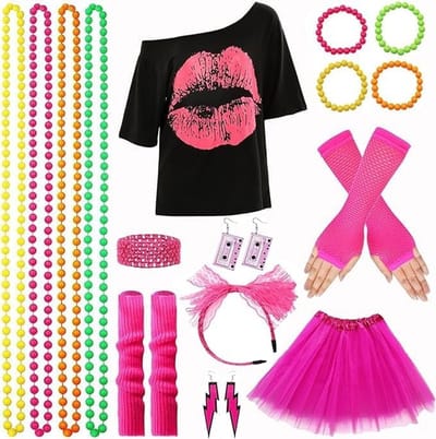 80s kostuumset voor vrouwen met accessoires voor carnaval en themafeesten van de jaren 80-90