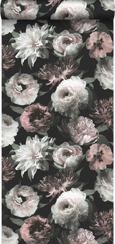 ESTAhome behang bloemen zwart, wit en zacht roze - 53 cm x 10.05 m - 139169