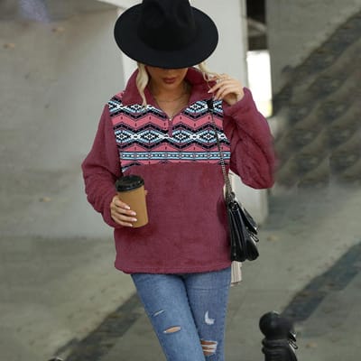 Herfst en Winter Dames Pluche Lange Mouw Losse Pullover Bedrukt Opstaande Kraag Zak Half Rits Sweatshirt S