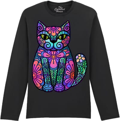 Katten Bloemen Flowers And Leaves Cat The Coloured House Longsleeve T-shirt XXL